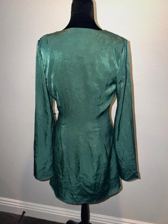 L'Academie Emerald Satin V-Neck Button Mini Dress - Picture 7 of 9